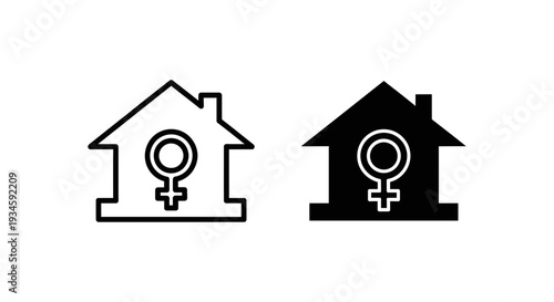 A simple black and white illustration of a house with a female symbol inside