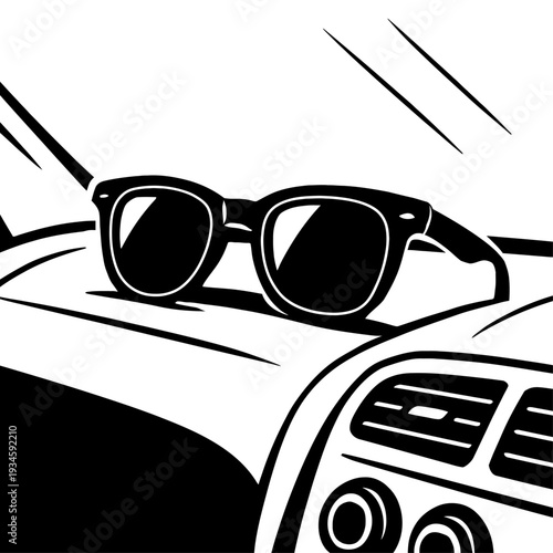 Sunglasses on Car Dashboard Vector Illustration - Road Trip and Travel Concept