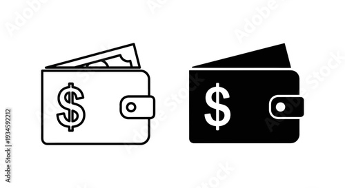 A simple black and white illustration of two wallets with dollar signs on them
