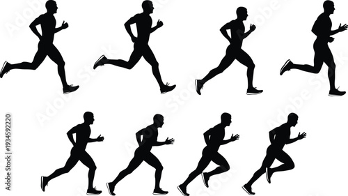 Running silhouette sequence, human motion study, biomechanics breakdown, athletic stride, sports training, animation reference, black figure, sprint, exercise, posture