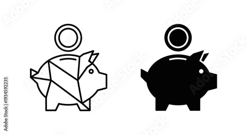 A black and white illustration of two piggy banks with coins on top, one in a geometric style and the other in a solid color.