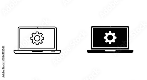Two laptops with gear icons on their screens, representing settings and configuration.