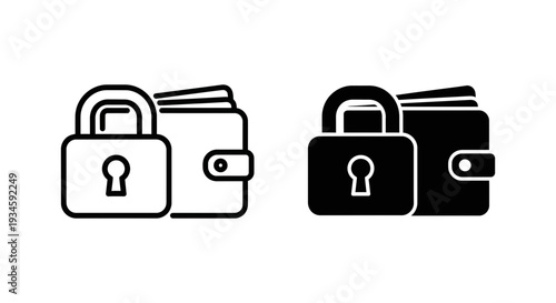A black and white illustration of two padlocks securing wallets with money