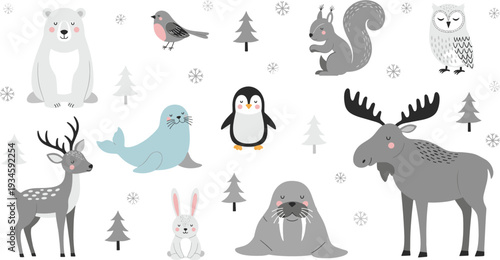 Cute Arctic and Forest Animals Cartoon Vector Illustration Set with Moose Penguin Seal and Bear