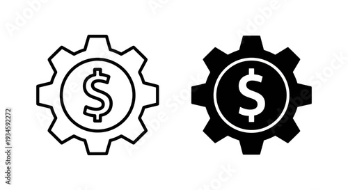 Two gear icons with dollar signs in the center, representing financial mechanics and profit optimization