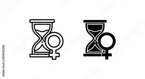 A minimalist illustration of two hourglasses with gender symbols representing equality and time.