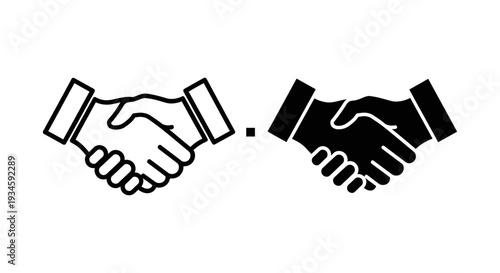 A black and white illustration of two hands shaking in agreement and partnership