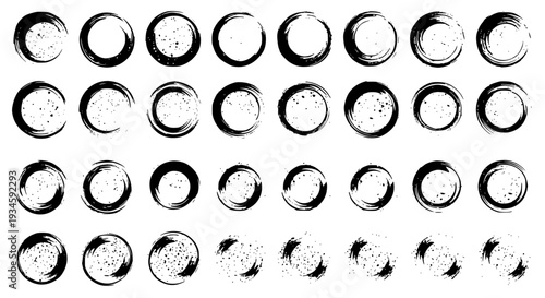 Brush strokes set with circular black lines and grunge texture designs featuring design elements, abstract art, graphic