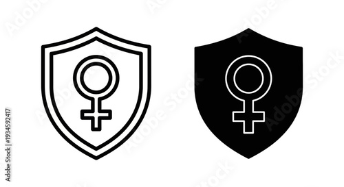 A black and white illustration of two shield icons with female symbols on a plain background