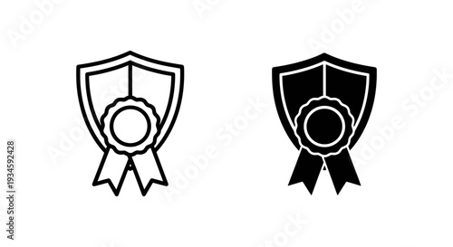 Two black and white shield icons with ribbons on a plain background