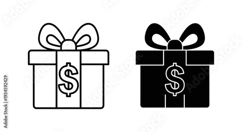 Two gift boxes with dollar signs on them, one in black and white and the other in solid black, tied with ribbons and bows.