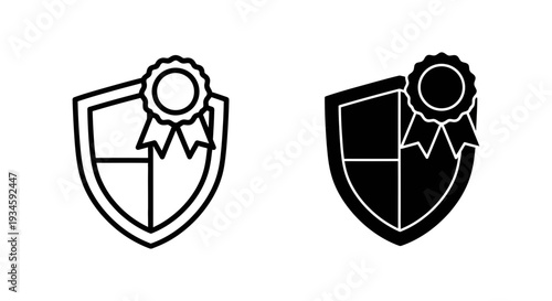 A black and white illustration of two shield icons with ribbons on a plain background
