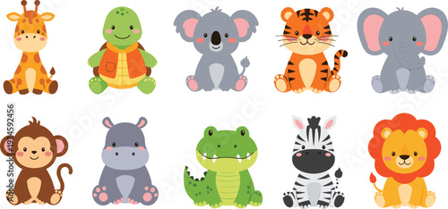Cute Baby Safari Animals Cartoon Set Lion Tiger Elephant Zebra Monkey Vector Illustration Collection