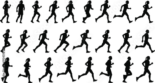 Running silhouette sequence, human motion study, biomechanics illustration, athletic stride, sports training, animation reference, black figure, exercise, sprint, posture