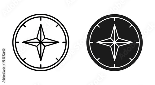 A black and white illustration of two compass rose symbols on a plain background