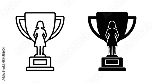 A black and white illustration of a trophy with a woman on top, symbolizing achievement and success.