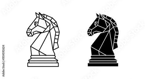 A black and white illustration of two chess knights facing each other in a strategic game