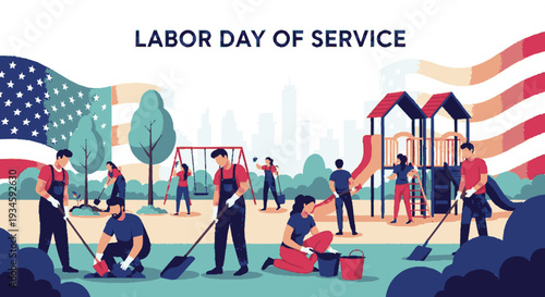 Volunteers cleaning park on labor day of service with american flag