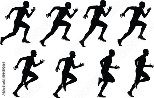 Running silhouette sequence, sprint motion breakdown, athletic biomechanics, human movement study, sports training, dynamic posture, black figure, stride analysis, illustration