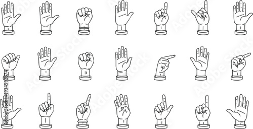 Various hand gestures on white background hands signs sign language black and white