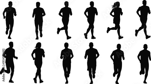 Running silhouette sequence, human motion study, male and female runners, biomechanics breakdown, athletic stride, animation reference, sprint, exercise, posture, training