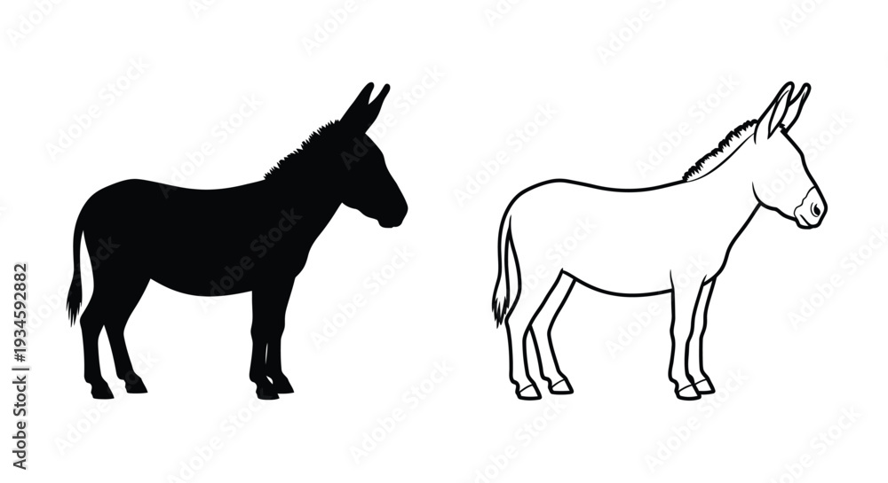Fototapeta premium Two depictions of a donkey one solid black and one white outline
