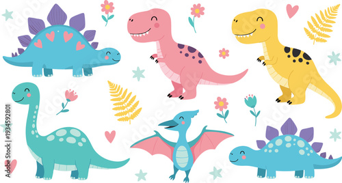 Cute Cartoon Dinosaur Characters Set with Flowers Hearts and Leaves Colorful Nursery Vector Illustration