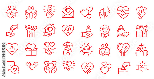 Charity human care outline icons pack. Line signs volunteering and giving, support donation or friendly handshake. Thin vector icons set perfect for web app infographic business social projects
