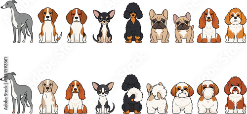 Cute Cartoon Dog Breeds Collection with Poodle Bulldog Beagle Spaniel and Other Domestic Puppies Vector Illustration