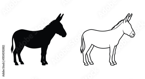Two depictions of a donkey one solid black and one white outline