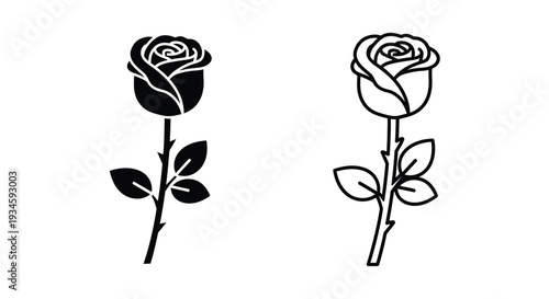 Two black rose silhouettes with stems and leaves side by side