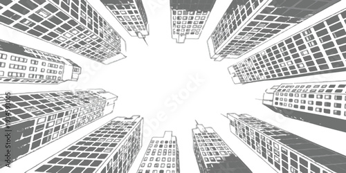 Low angle perspective view of towering city skyscrapers looking up with distressed grunge texture vector background