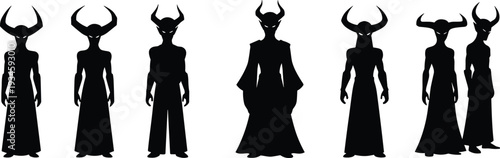 Mysterious horned silhouettes, dark shadow figures, fantasy ritual gathering, mythical humanoid beings, occult symbolism, surreal abstract art, fantasy illustration, mythology inspired