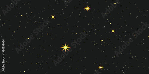 Night sky background with golden shining stars and glowing cosmic elements on a dark black space vector illustration