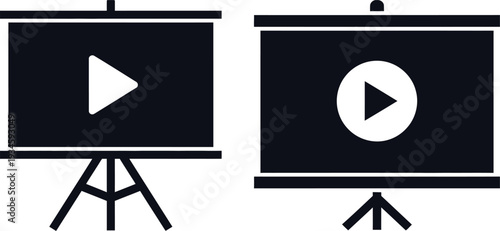 Two black screens with white play buttons on easels