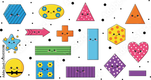 Cute Cartoon Geometric Shapes Collection with Triangle Circle Square Star Heart and Arrow Vector Illustration Set