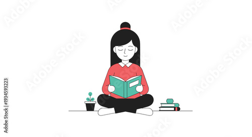 A stylized cartoon girl with black hair sits cross-legged, eyes closed, engrossed in reading a teal book on a white surface.