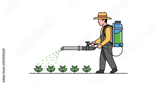 A male farmer in a hat and overalls is spraying a row of five small green plants with a backpack sprayer on a plain white background.