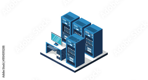 An isometric view shows four tall blue server racks with a desktop computer setup, including a monitor and keyboard, arranged on a white platform.