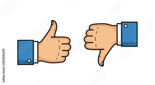 Two disembodied hands with light skin and blue shirt cuffs are positioned against a plain white background, one showing a thumbs-up gesture and the other a thumbs-down.