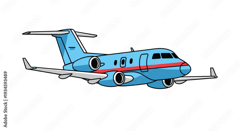 Fototapeta premium A cartoon-style light blue private jet with red stripes and grey wings is shown in flight with its landing gear extended.
