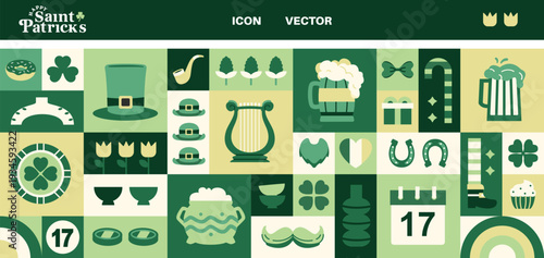 Happy St. Patrick's Day geometric green poster with horseshoe, clover, gold coin, leprechaun hat. Greeting card, invitation template, poster, flyer for Saint Patrick's Day.