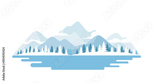 A stylized winter landscape illustration depicts layered blue mountains with snowy peaks, a row of fir trees, and an abstract blue lake.