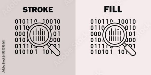 Binary code with magnifying glass comparing stroke and fill styles digital data technology computer