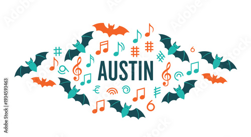 The dark blue word AUSTIN is surrounded by a vibrant cluster of teal and orange bat silhouettes, musical notes, and abstract symbols.