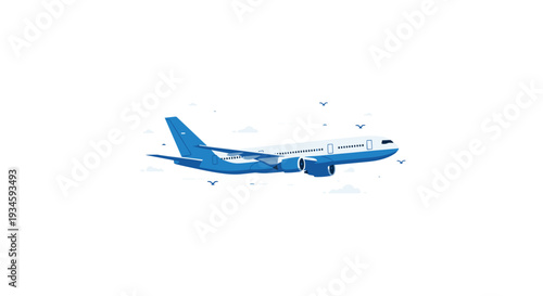 A pixel art style blue and white commercial airplane is depicted in flight with small pixelated clouds and birds.