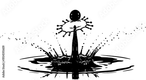 Water drop splash with crown and ripples, abstract black ink illustration featuring ripple, impact, liquid with fluid