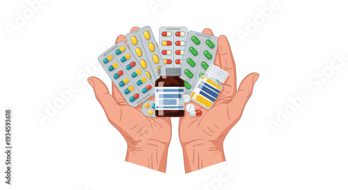 Two human hands are cupped together, holding a diverse collection of blister-packed pills and various medicine bottles on a white background.