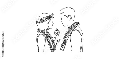 A simple line art illustration of a couple exchanging vows during a hawaiian wedding ceremony Vector, illustration