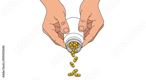 Two hands firmly hold an inverted white medicine bottle, actively pouring numerous small yellow pills downwards onto a white surface.